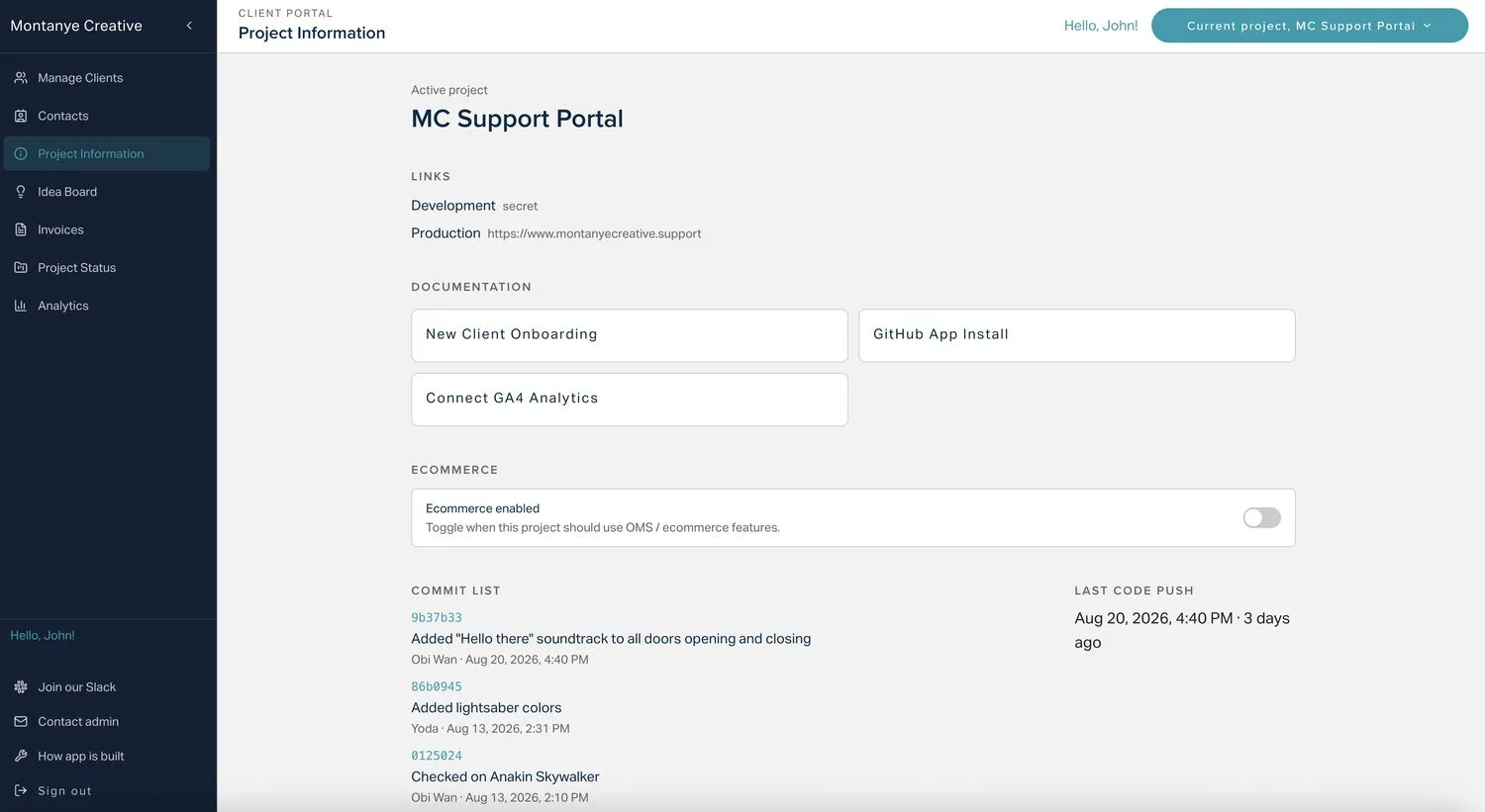 The Project Information screen listing development and production environment links, three documentation cards, an e-commerce toggle, and a list of recent commits with hashes, authors, and timestamps beside a last-code-push readout.