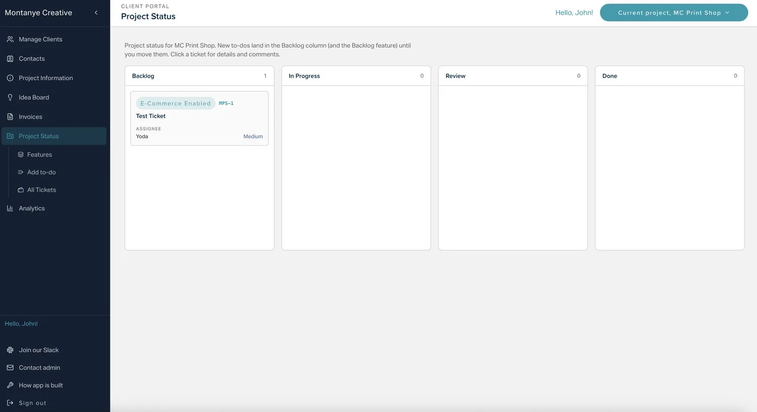 The portal's Project Status screen: a sidebar of portal sections beside four delivery columns — Backlog, In Progress, Review, and Done — with one ticket card in Backlog showing its feature label, assignee, and priority.